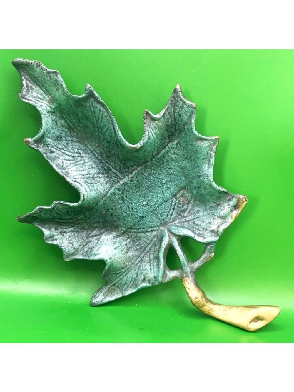 VTG Brass Maple Leaf Jewelry Dish Trinket Tray Green Patina Mid Century Modern